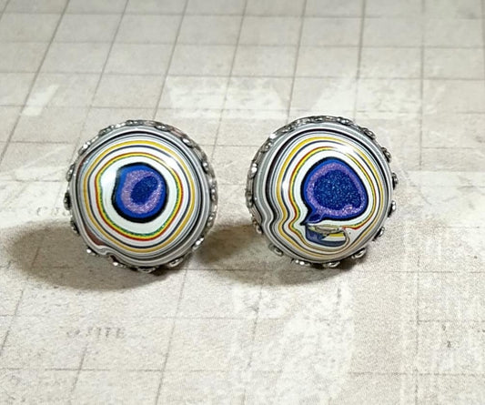 Fordite Earring, Larger Size Fordite Stainless Steel Earrings, Fordite Post Earring, Colorful, Recycled Material