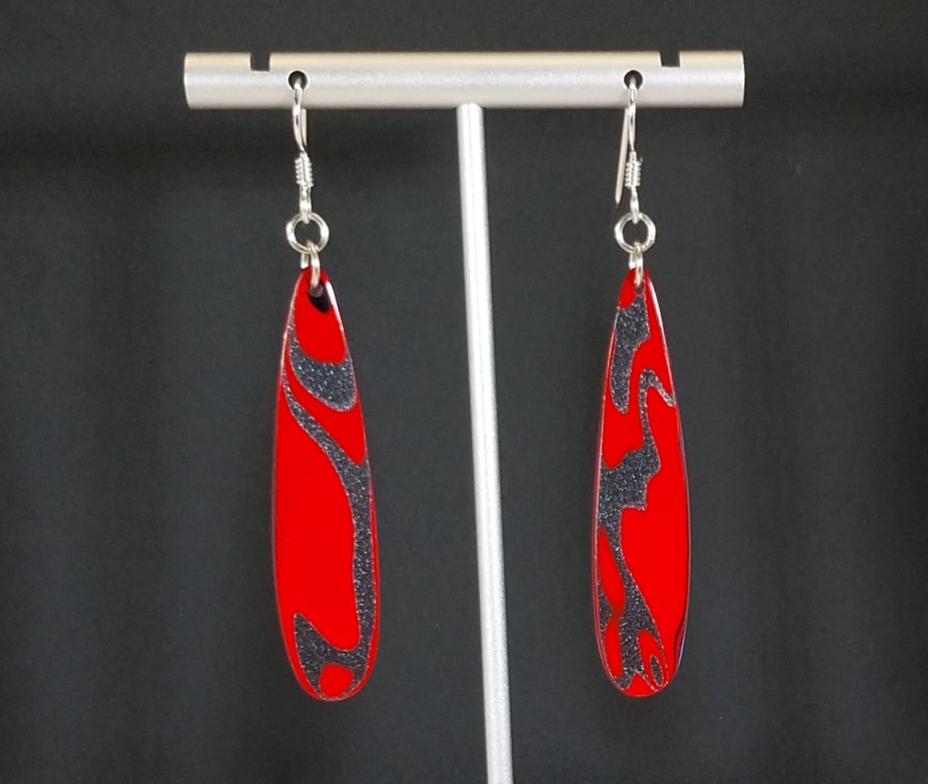 Long Fire Engine Red Fordite Teardrop Earrings