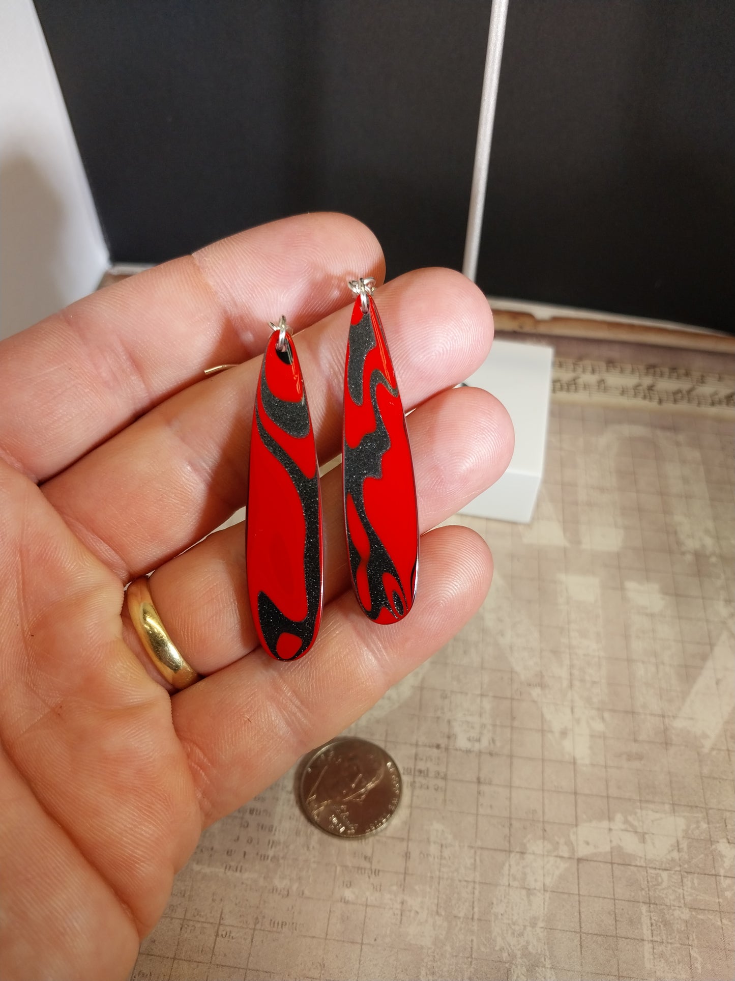 Long Fire Engine Red Fordite Teardrop Earrings