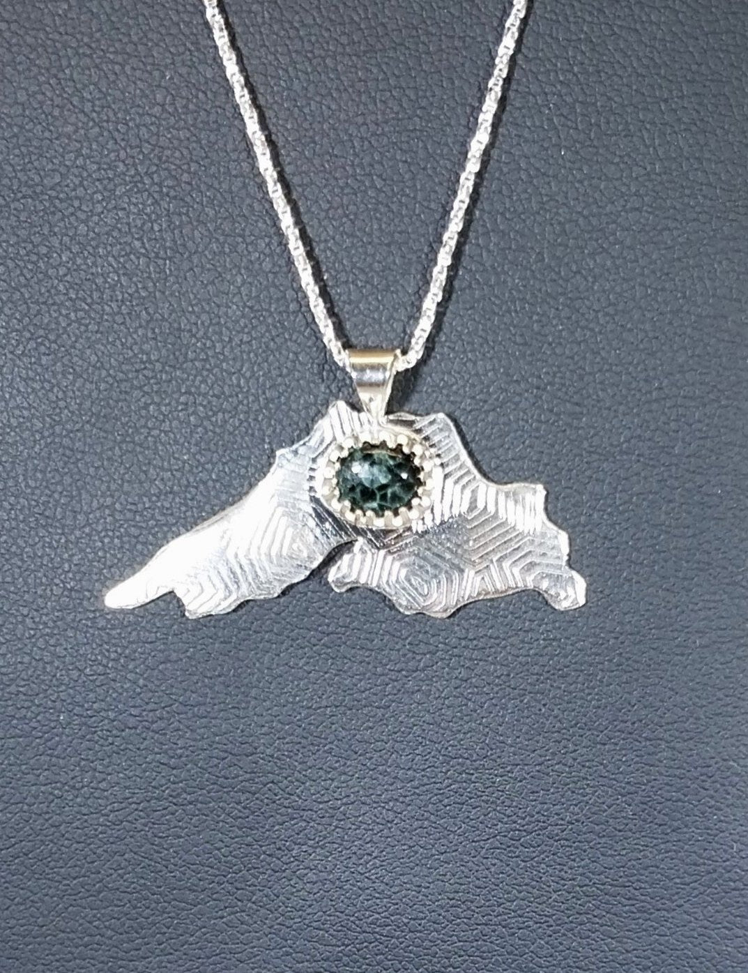 Greenstone Necklace In The Shape of Lake Superior Silver