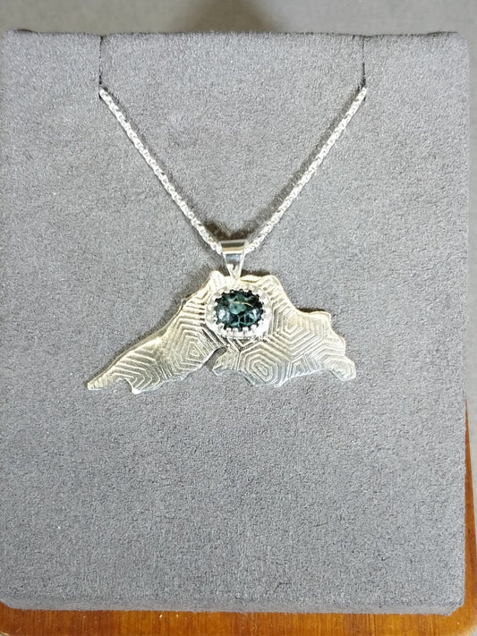 Greenstone Necklace In The Shape of Lake Superior Silver