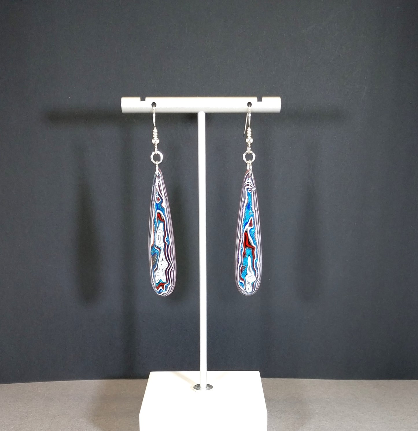 Large Domed Teardrop Fordite Earrings, Solid Sterling Silver