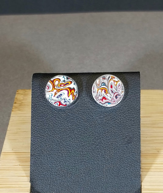 Fordite Stud Earrings, Beautiful Colors and Intricate Patterns, 925 Silver, W/O