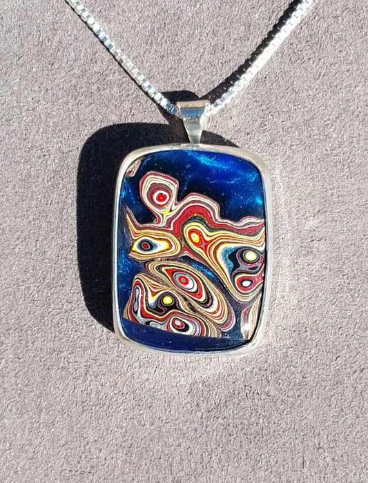 Vette Fordite and Blue Resin Silver Necklace