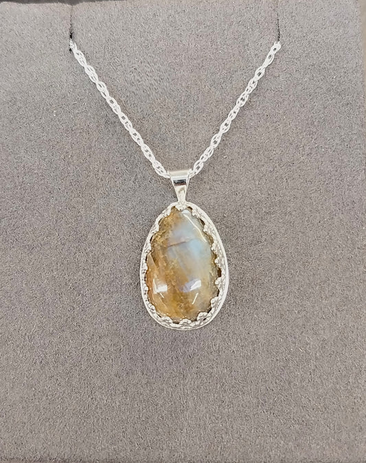 Wisconsin Moonstone Necklace, Sterling Silver, Blue Color Flash