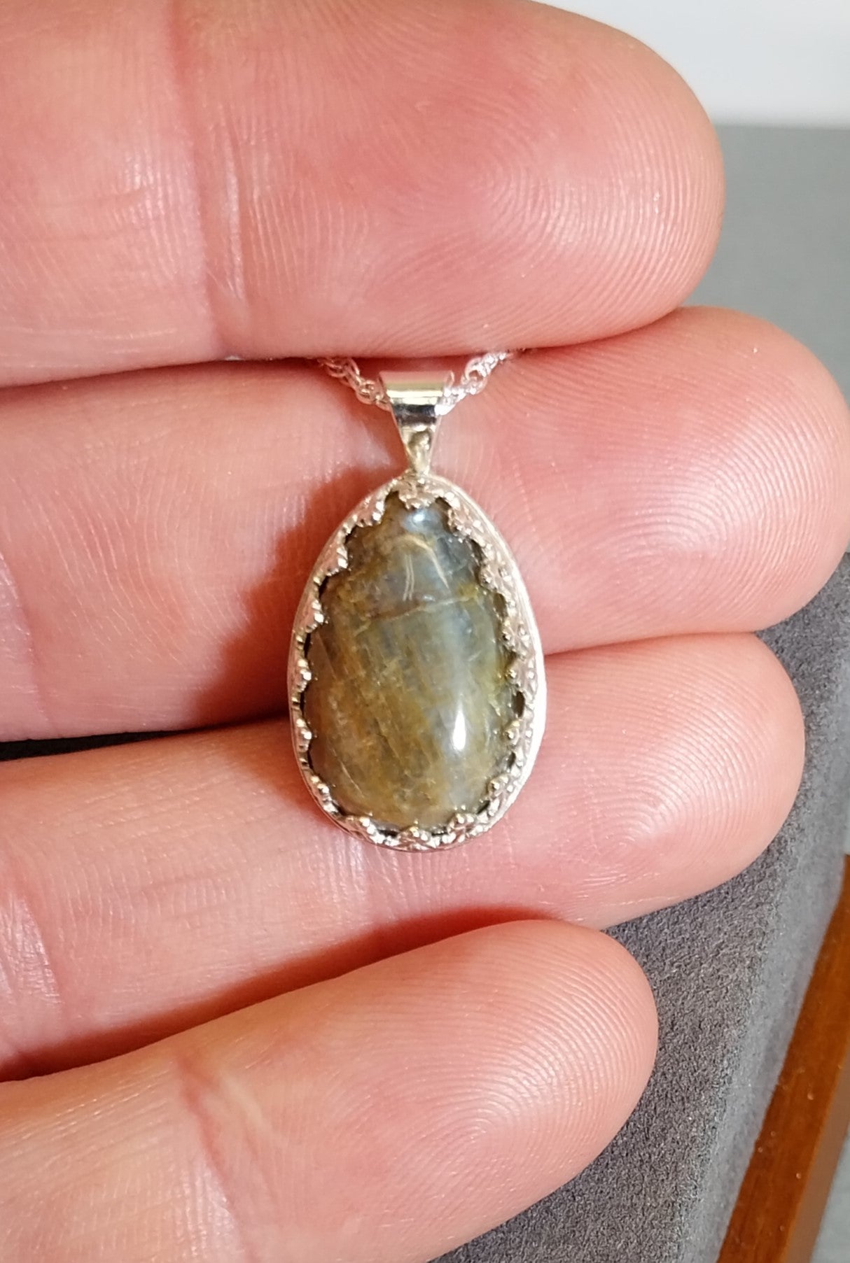 Wisconsin Moonstone Necklace, Sterling Silver, Blue Color Flash