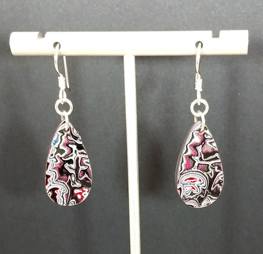 Fordite Earrings in Flat Teardrops and Argentium Sterling Silver