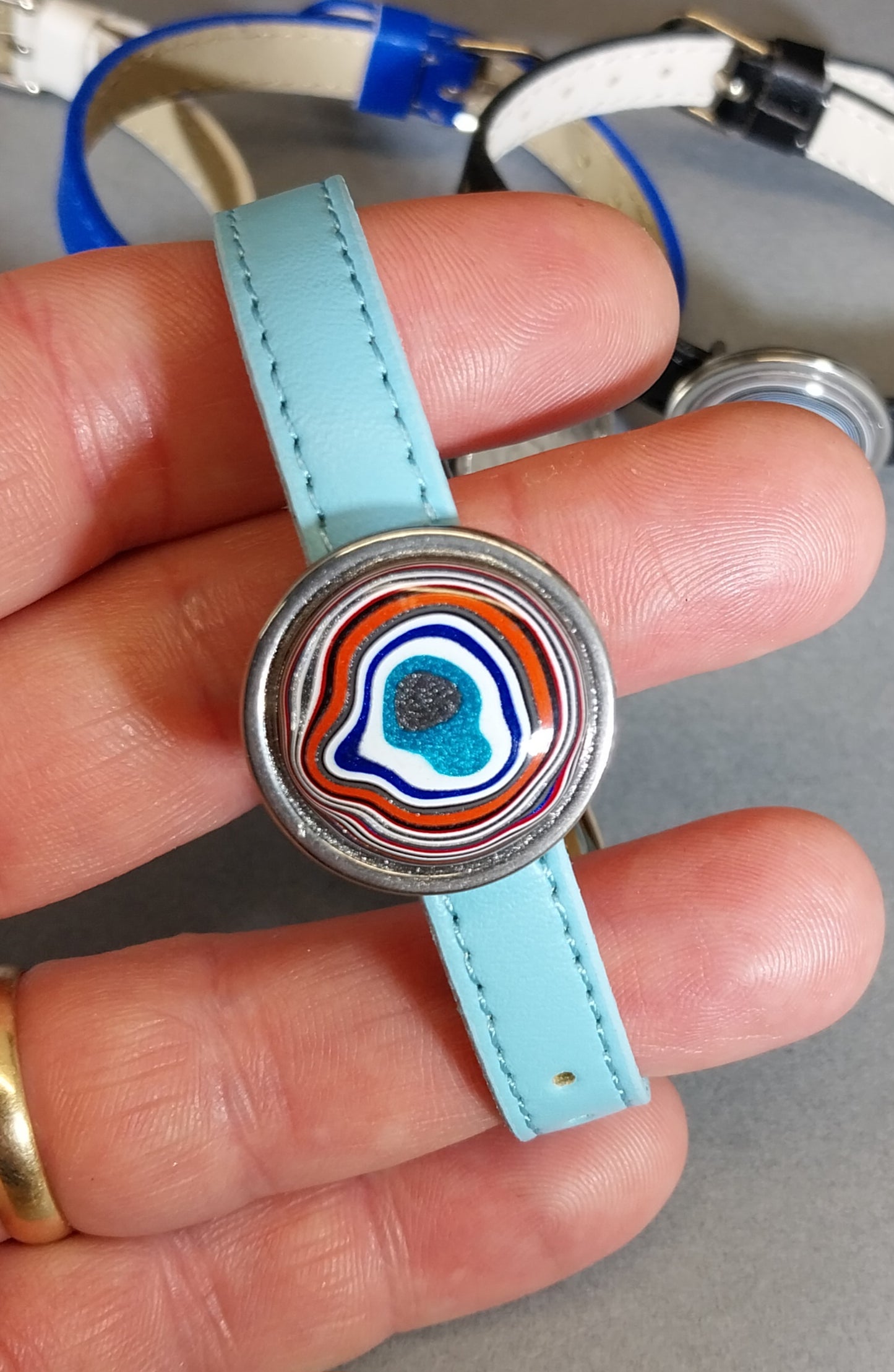 Fordite Bracelet with Stainless Slider and Faux Leather Bands, W/O