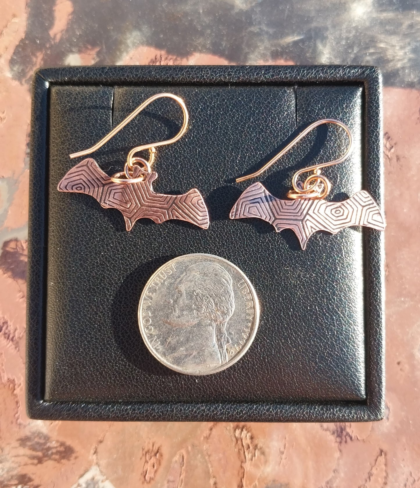 Copper Bat Earrings Gold Filled Ear Wires, Halloween Earrings, Shiny Bat Earring