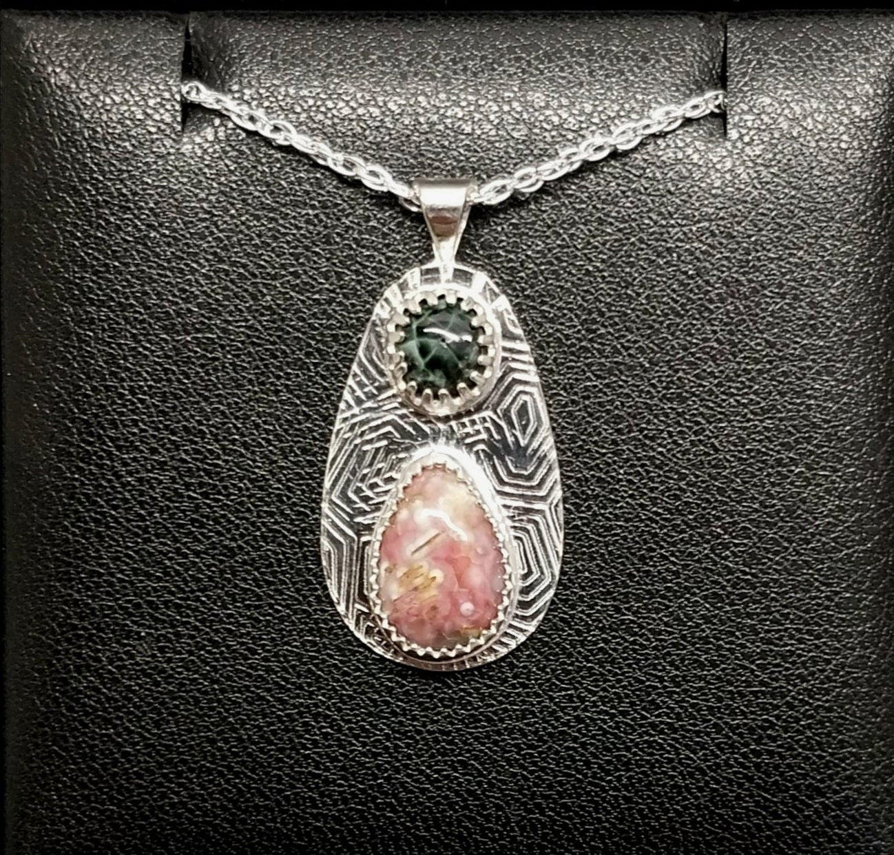 Pink Lake Superior agate and Michigan Greenstone two piece silver pendant necklace