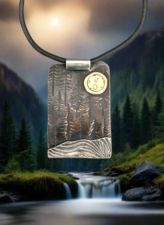 moonlit forest at night pendant in mixed metals copper silver brass with leather cord