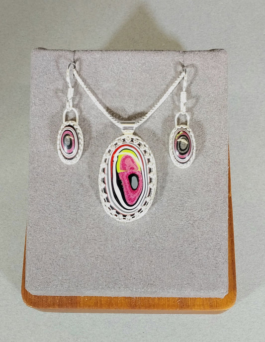 Fordite Set with Pink in Solid Sterling Silver, Fordite Necklace