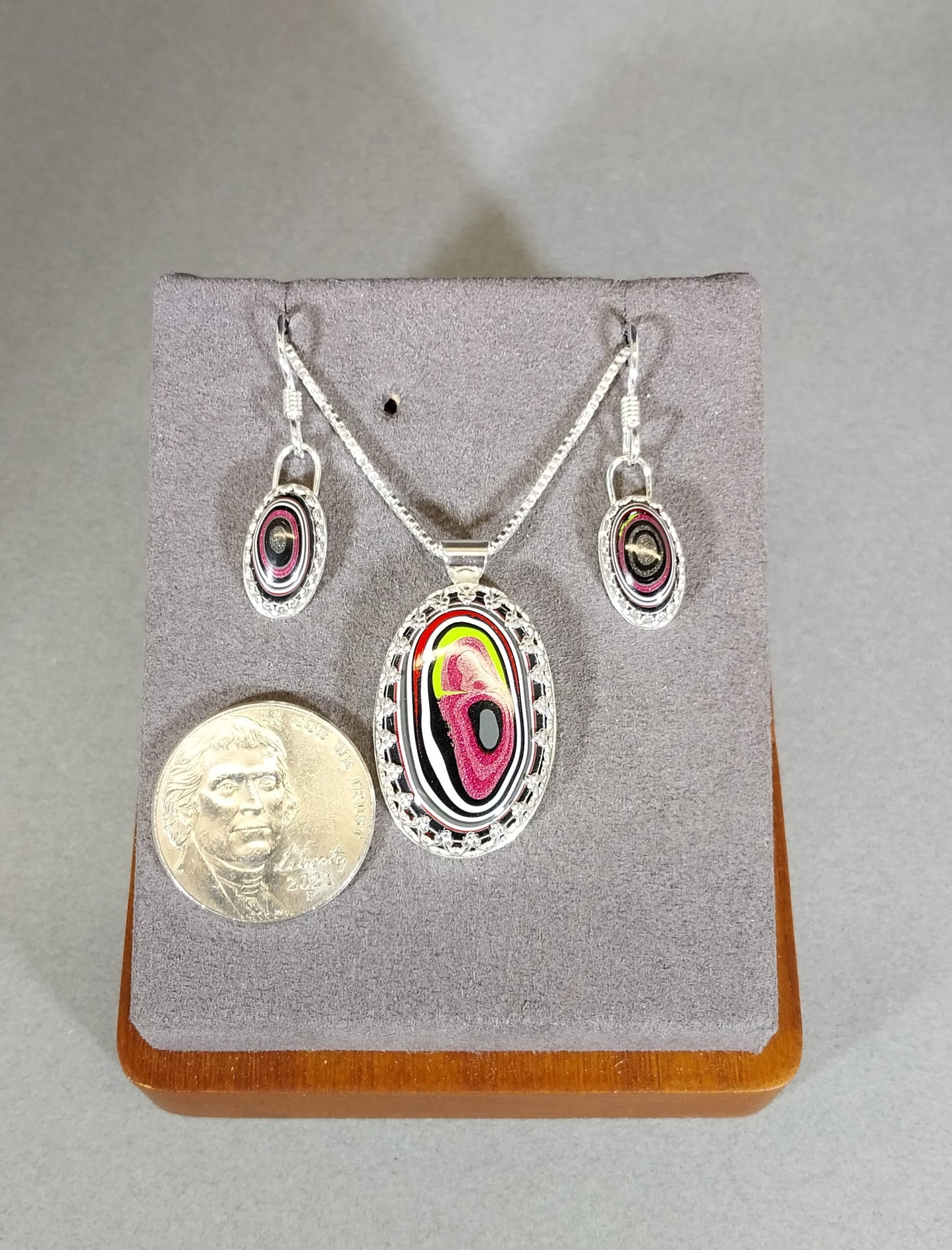 Fordite Set with Pink in Solid Sterling Silver, Fordite Necklace