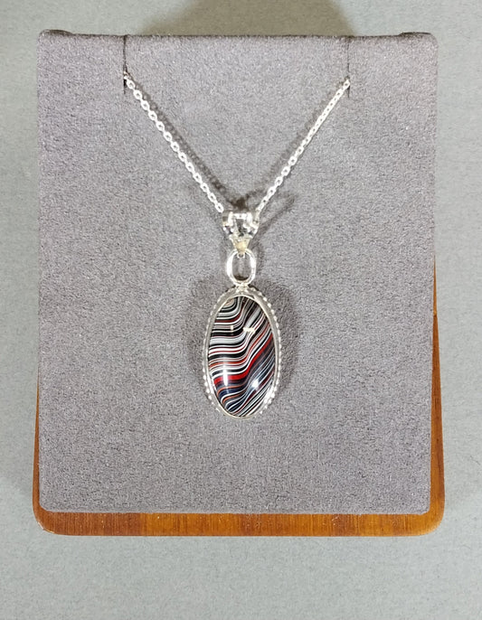 Fordite Silver Necklace With Optical Illusion, Fordite Necklace, W/O