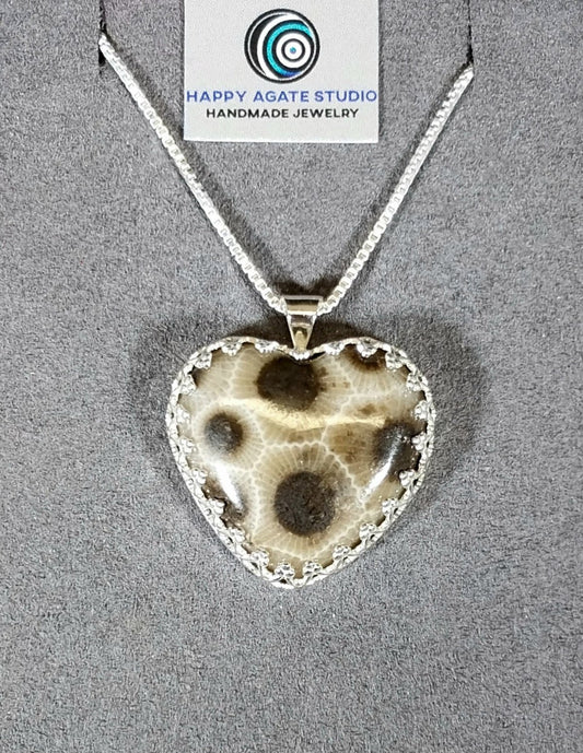 Petoskey Stone Heart Necklace  in Solid Silver