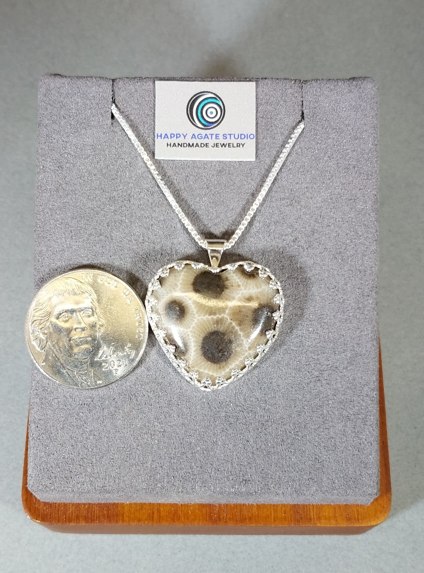 Petoskey Stone Heart Necklace  in Solid Silver