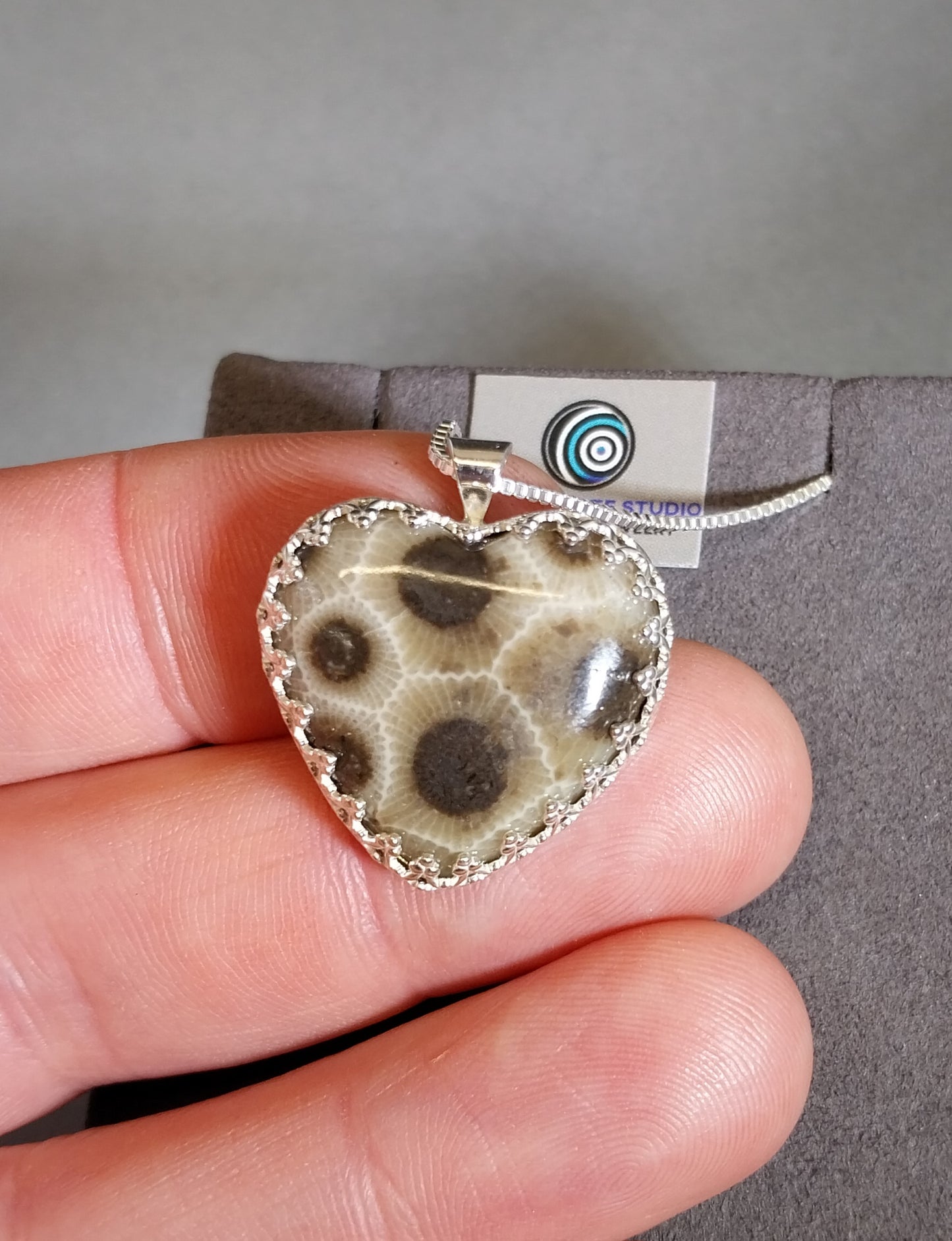 Petoskey Stone Heart Necklace  in Solid Silver