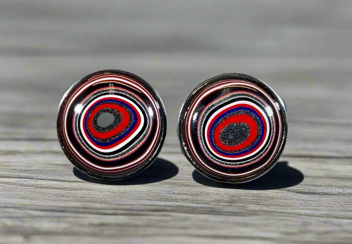 Fordite Cufflinks in Mirrored Stainless Steel Settings, Great Colors!