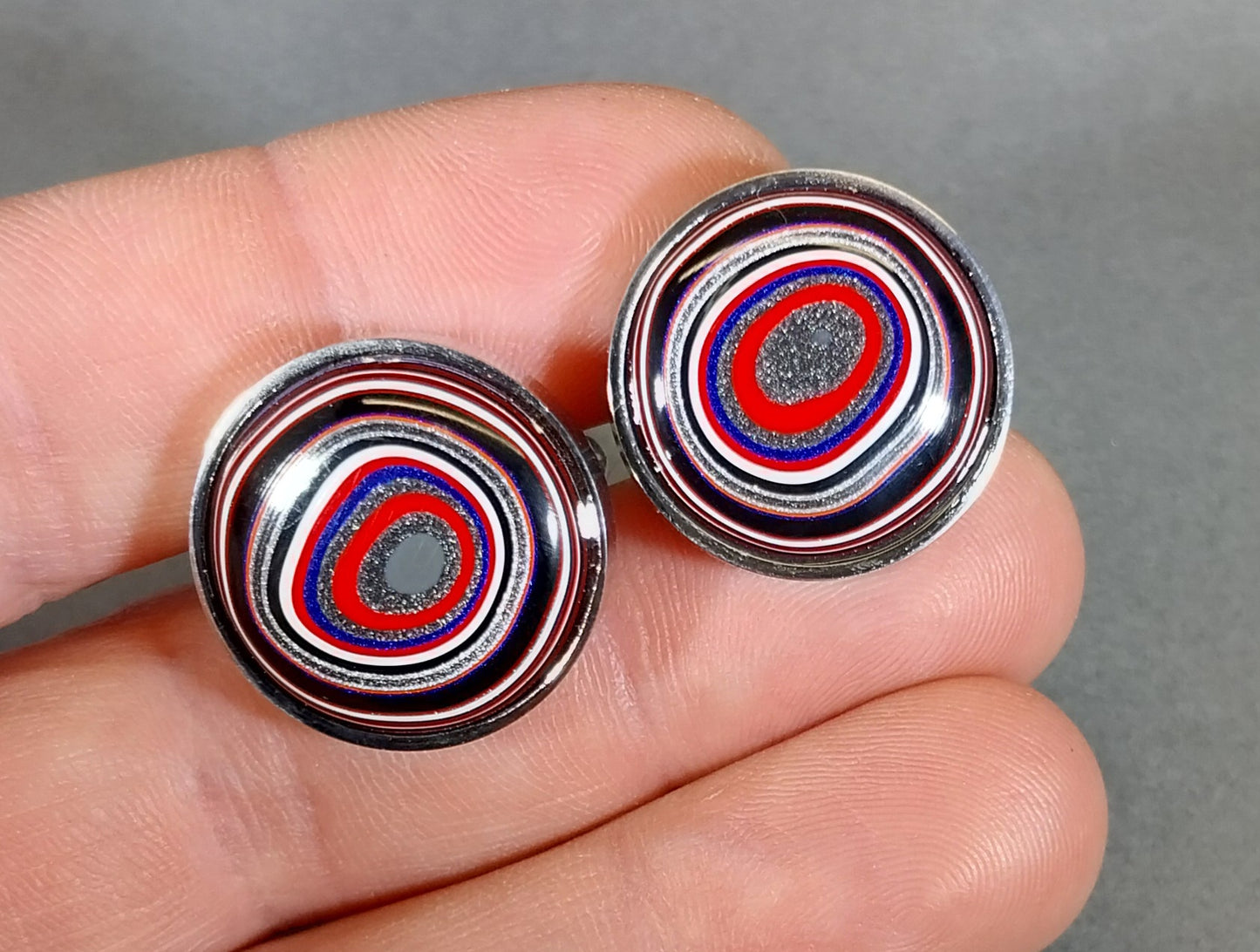 Fordite Cufflinks in Mirrored Stainless Steel Settings, Great Colors!