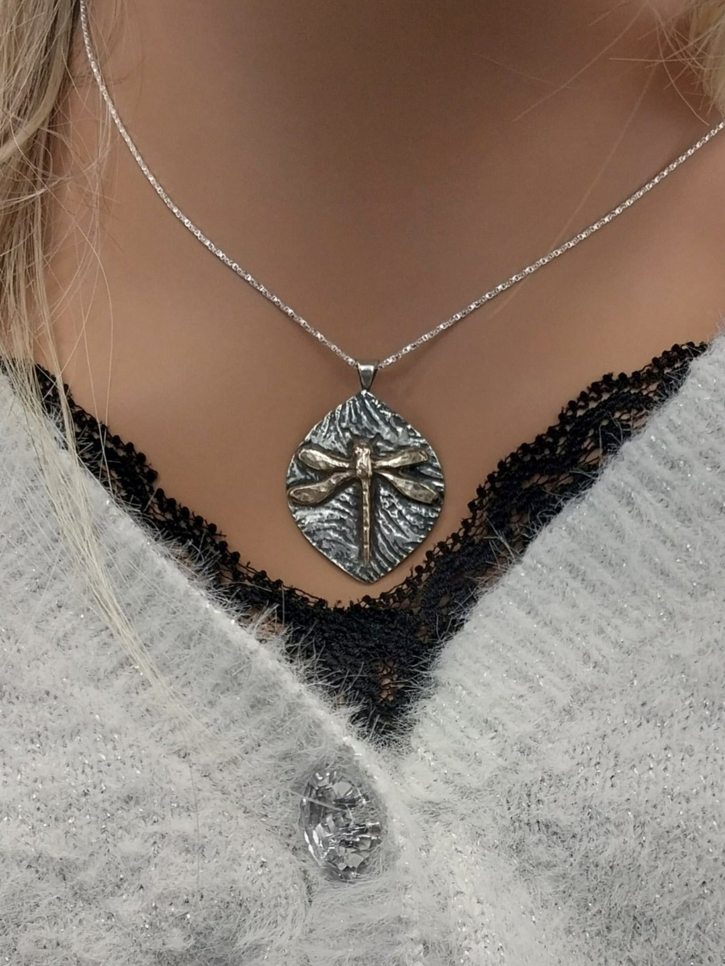 Dragonfly Over Water, Mixed Metals Necklace W/O