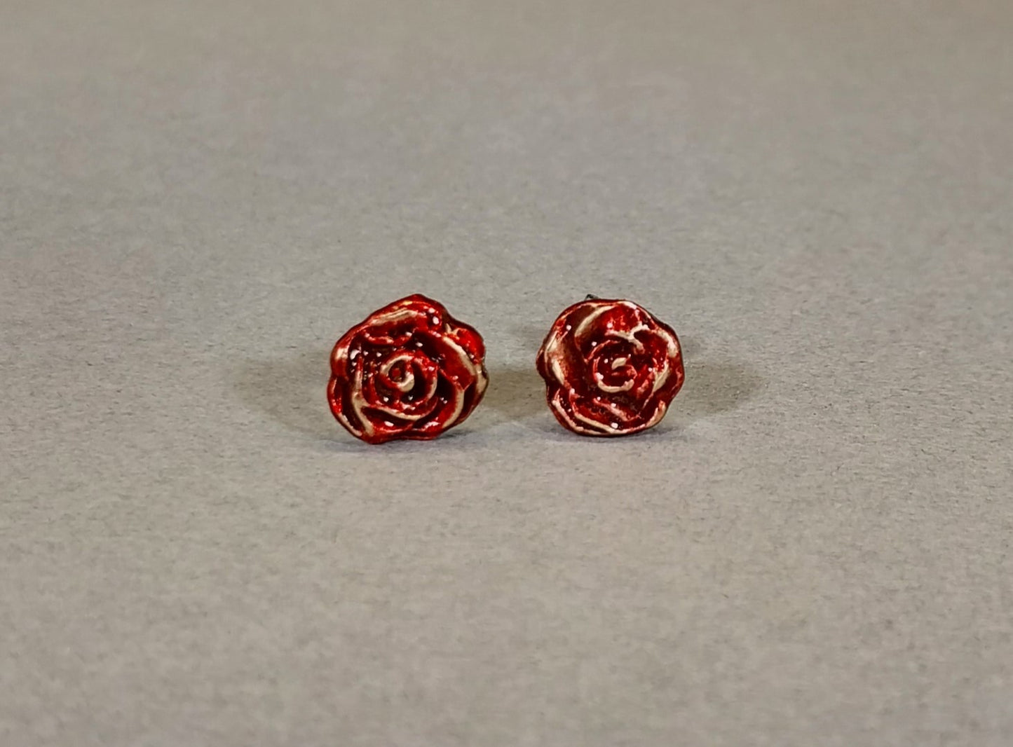 Bronze Rose Earrings, Bright Red Handmade Metal Clay Rose Studs, Surgical Steel Posts, W/O