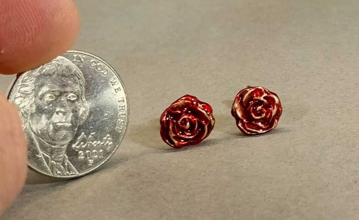 Bronze Rose Earrings, Bright Red Handmade Metal Clay Rose Studs, Surgical Steel Posts, W/O