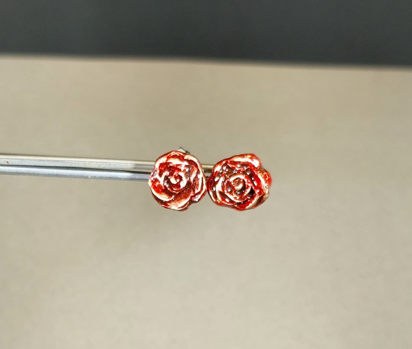 Bronze Rose Earrings, Bright Red Handmade Metal Clay Rose Studs, Surgical Steel Posts, W/O