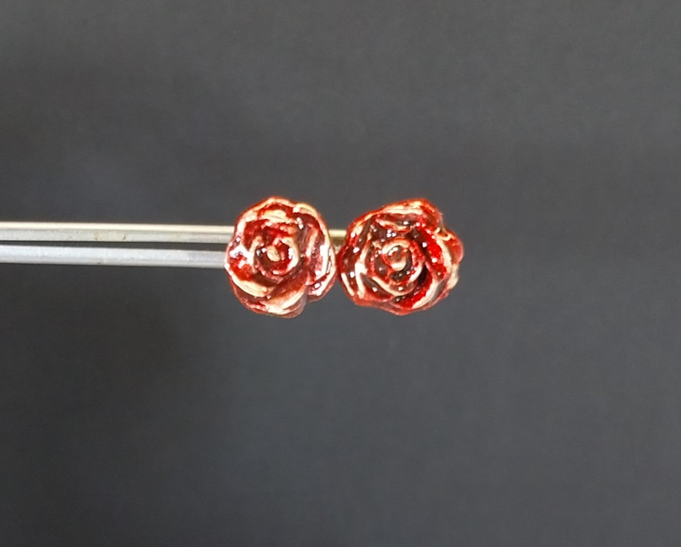 Bronze Rose Earrings, Bright Red Handmade Metal Clay Rose Studs, Surgical Steel Posts, W/O