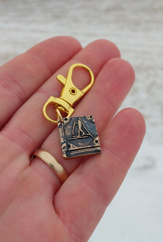 Cross Country Ski/Book Design Choice of Keychain, Pendant or Zipper Pull, Bronze Necklace