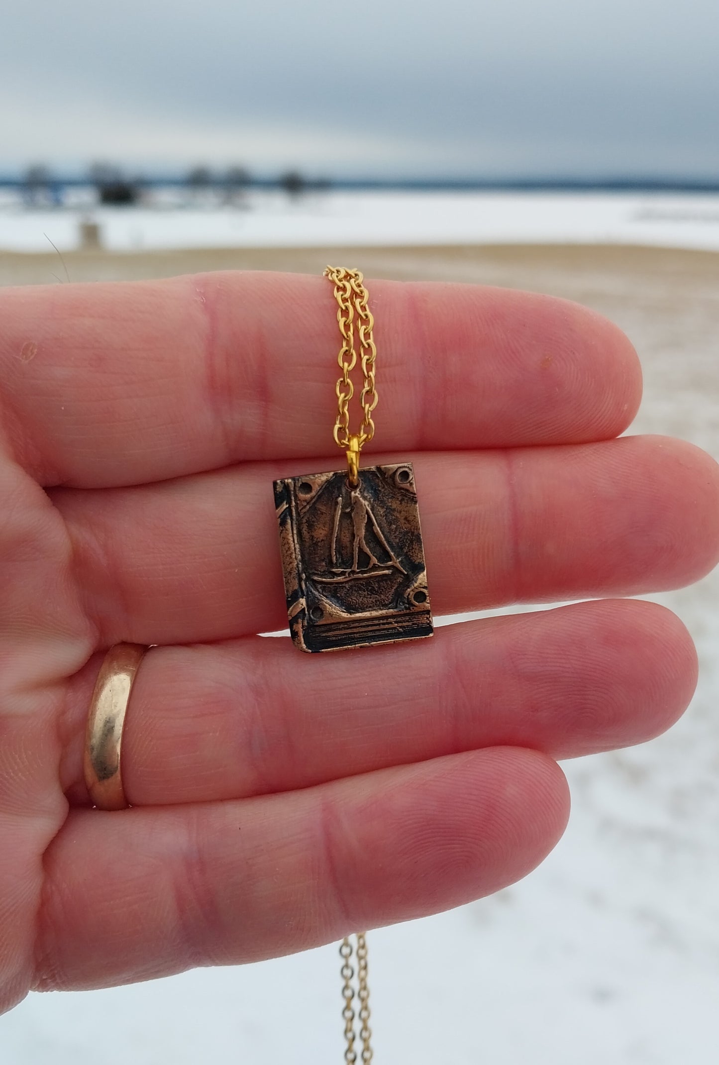 Cross Country Ski/Book Design Choice of Keychain, Pendant or Zipper Pull, Bronze Necklace