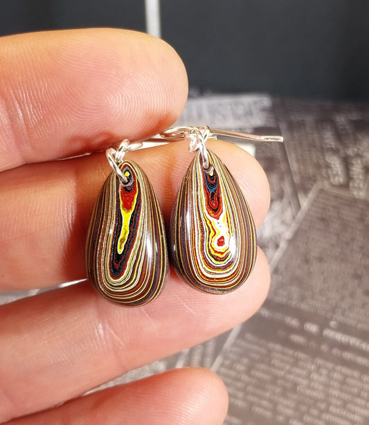 Fordite Earrings, Domed Teardrops, Sterling Silver