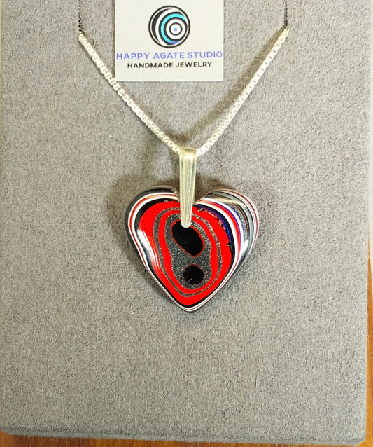 Fordite Necklace, Fordite, Fordite Heart, Silver Solid 925, Fordite Pendant with Red