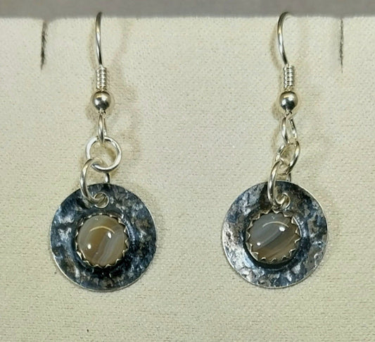 Lake Superior Agate Silver Dangle Earrings Artisan Handmade