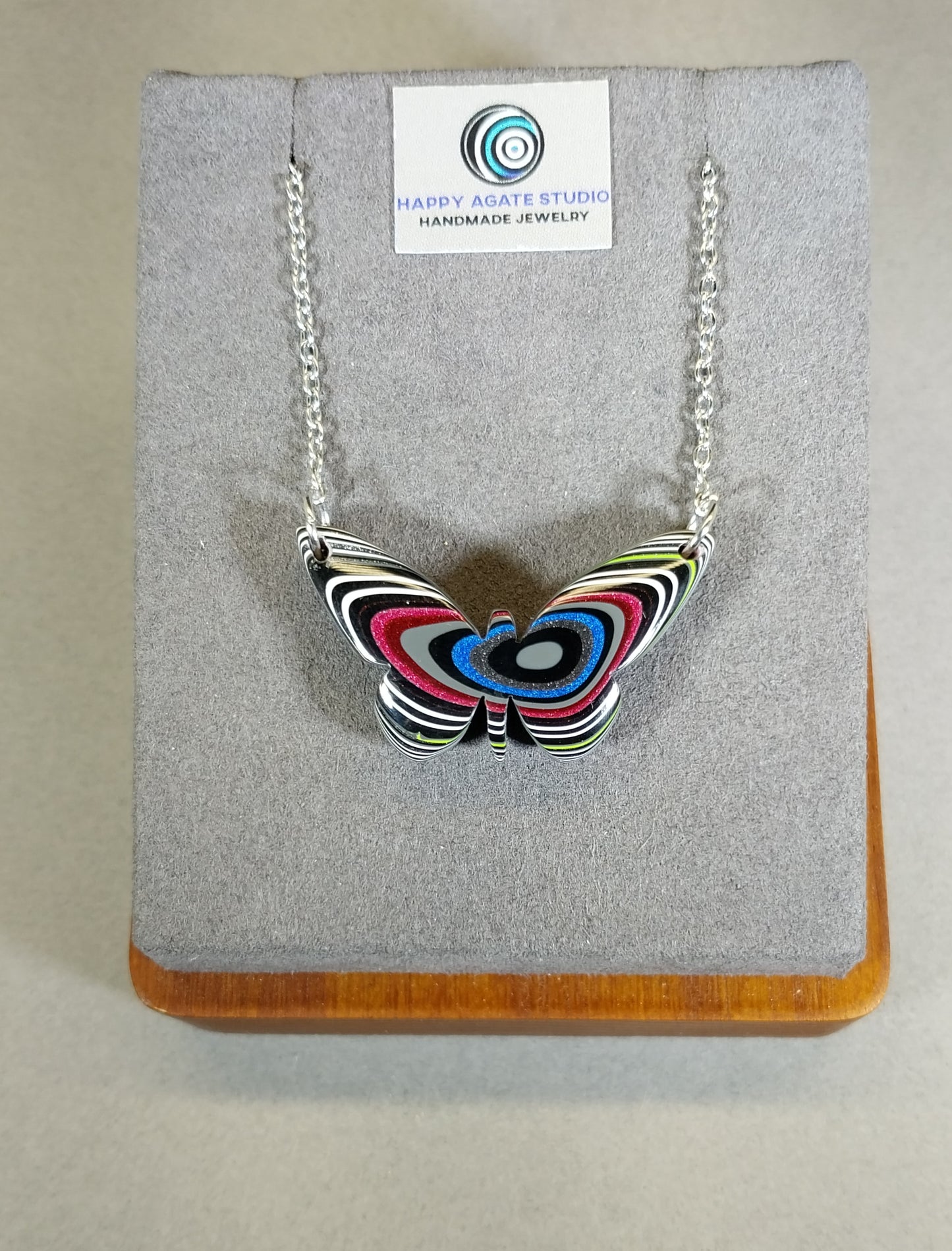 Fordite Necklace a Colorful Reversible Butterfly with Pink and Green, W/O W204