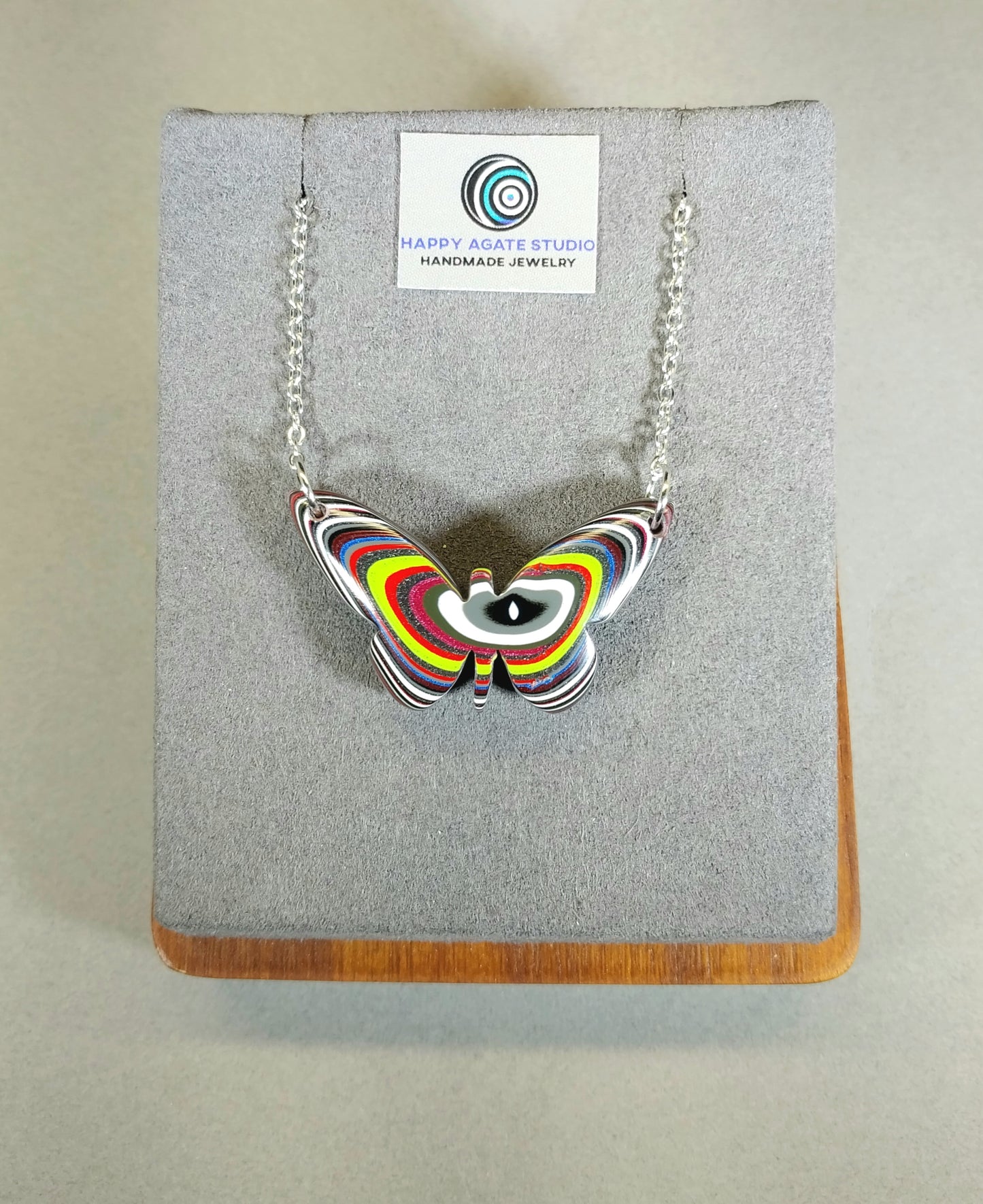 Fordite Necklace a Colorful Reversible Butterfly with Pink and Green, W/O W204