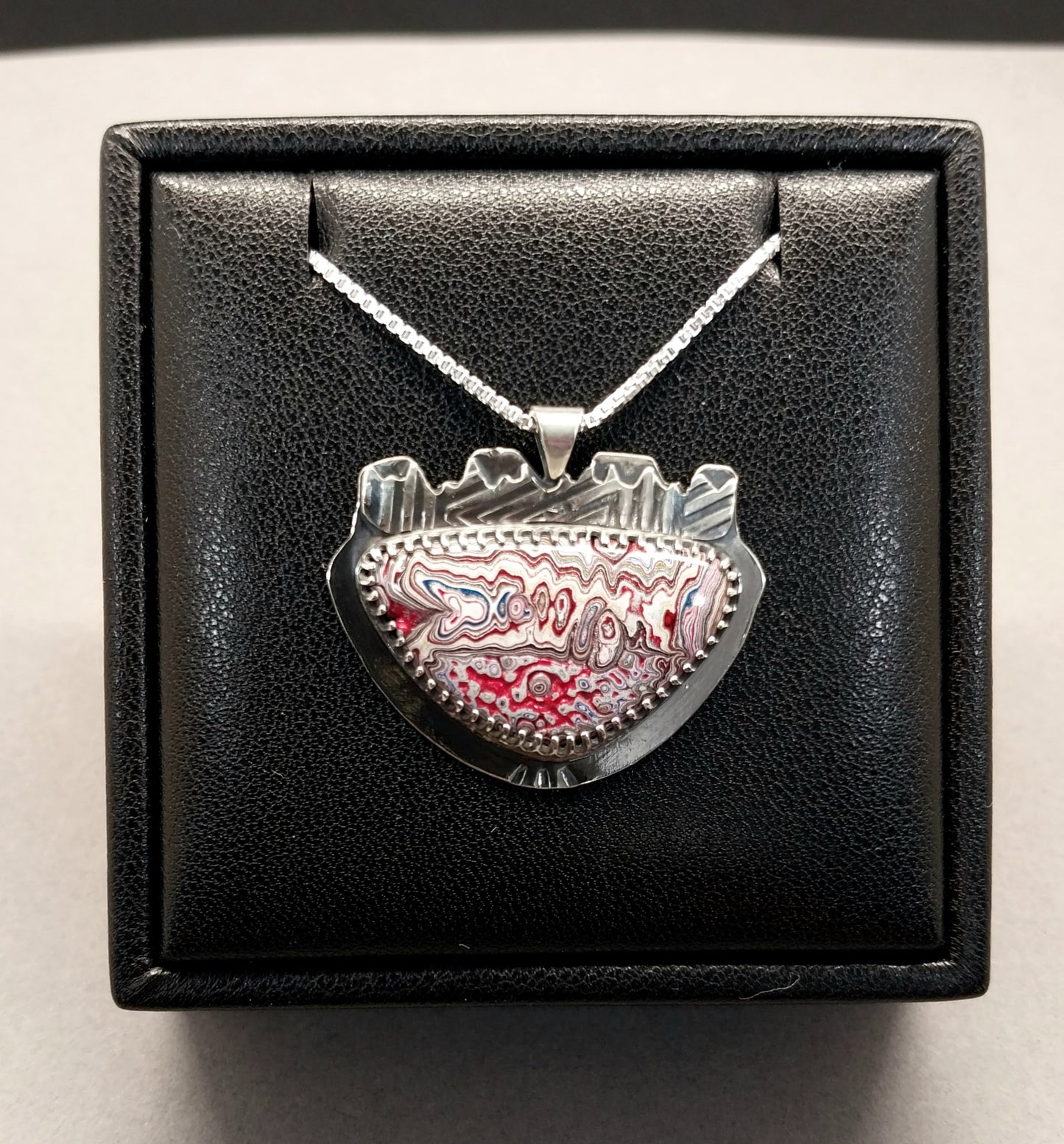 Fordite Necklace Unique Crown Like Piece in Solid Silver