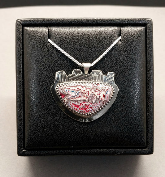 Fordite Necklace Unique Crown Like Piece in Solid Silver