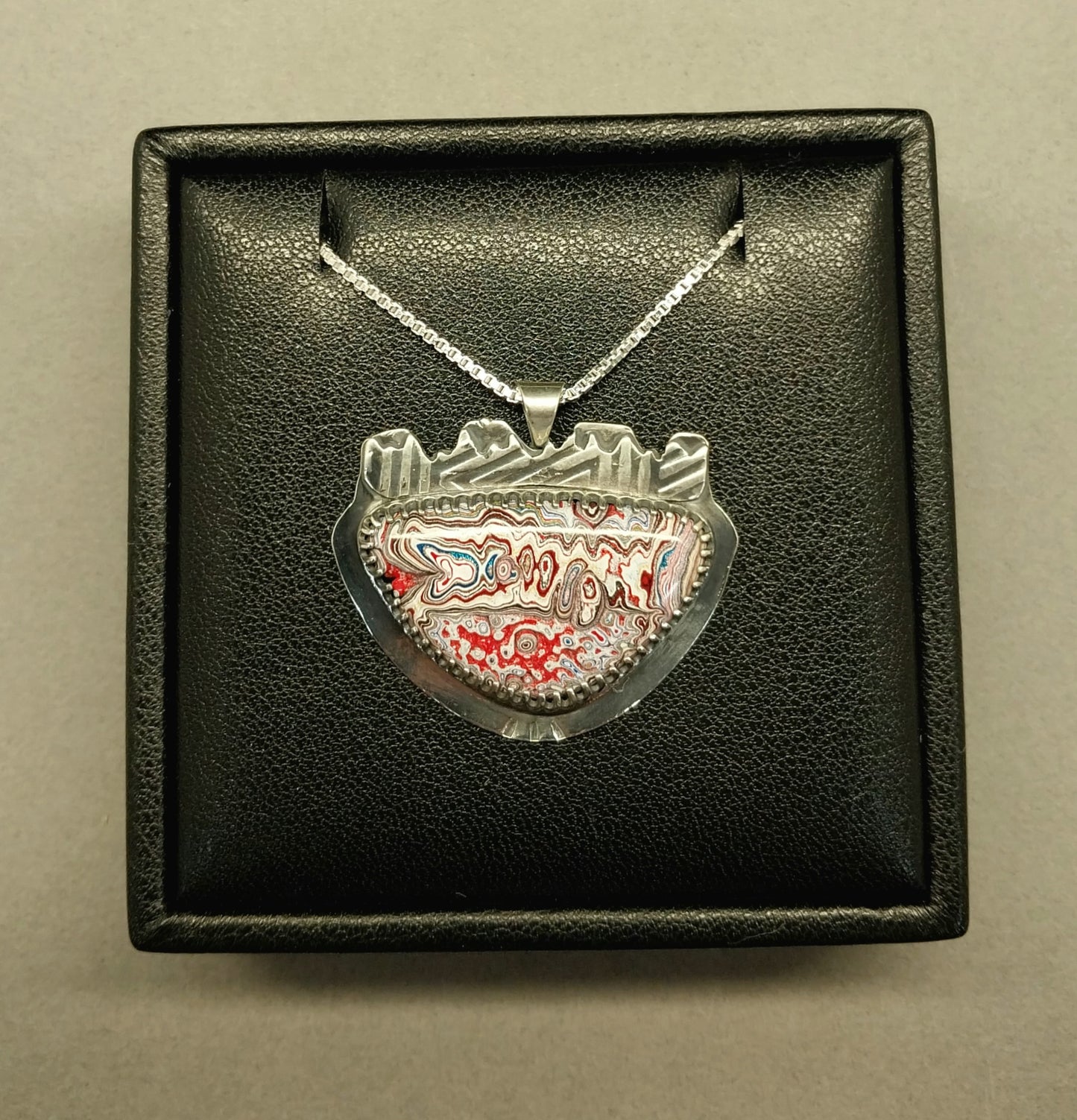 Fordite Necklace Unique Crown Like Piece in Solid Silver