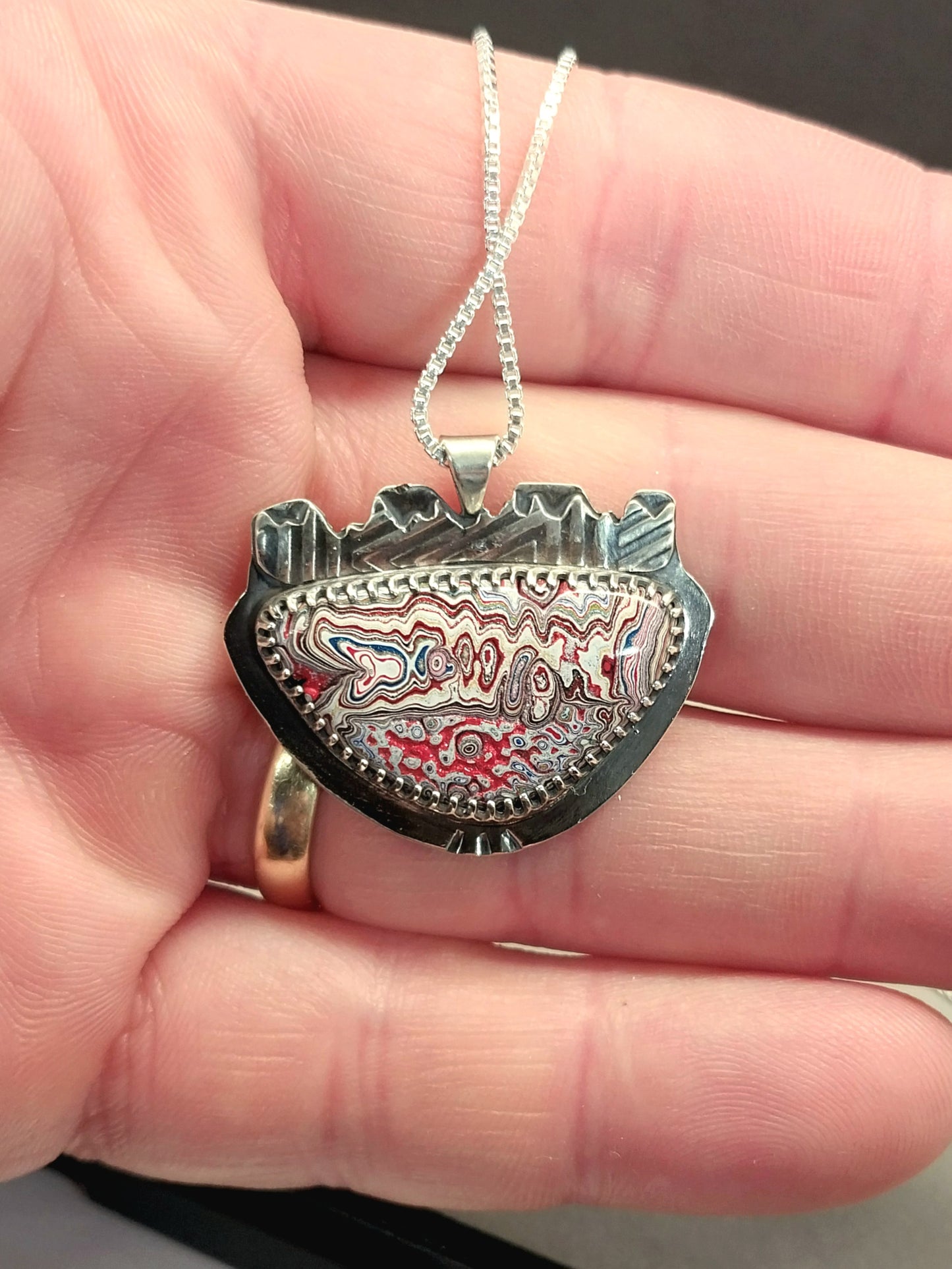 Fordite Necklace Unique Crown Like Piece in Solid Silver