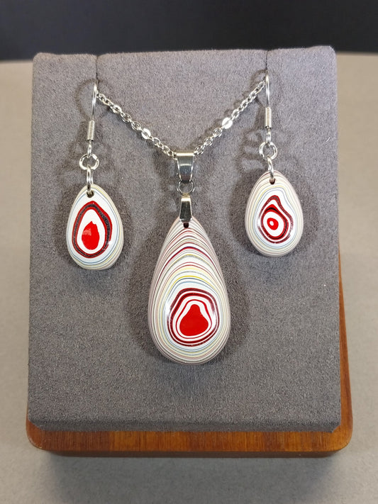 Fordite Set, Fordite Necklace and Earrings, Stainless Steel, EB30