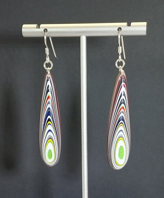 Long Fordite Teardrop Earrings Bright Multicolored Layers