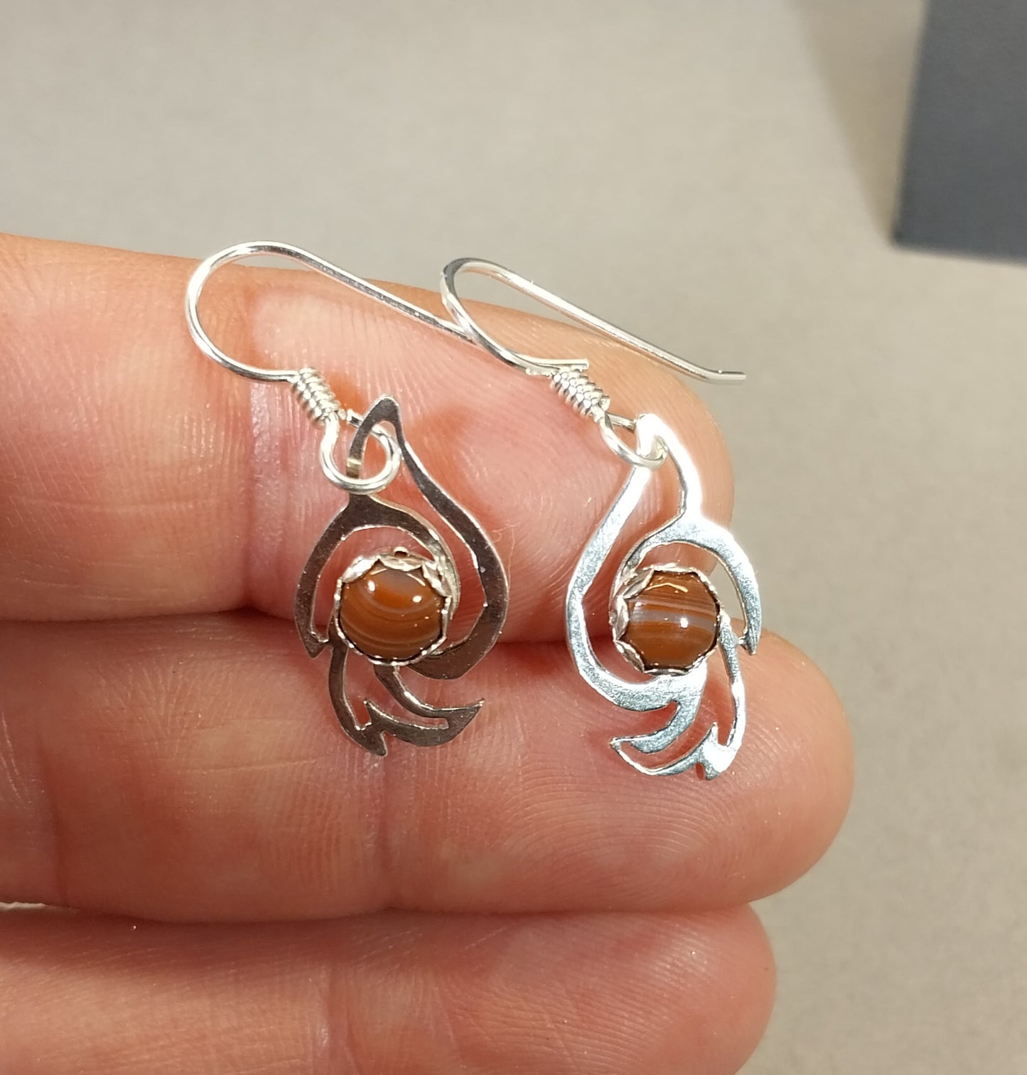 Lake Superior Agate Earrings, Sterling Silver Rising Doves