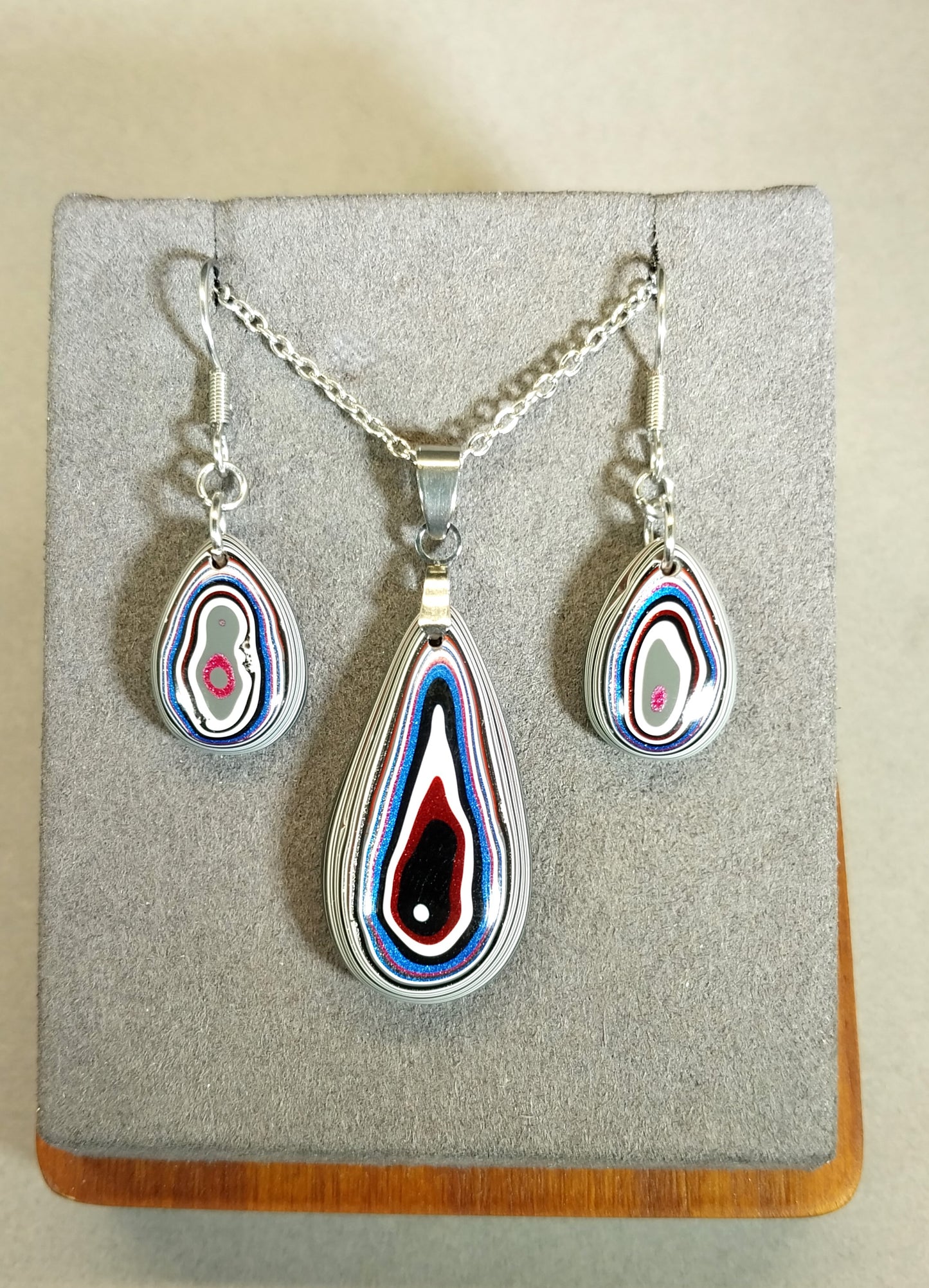 Fordite Set, Stainless Steel, Fordite Necklace and Earrings