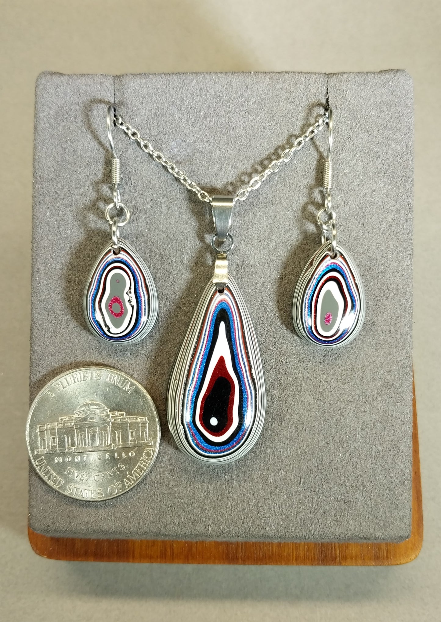 Fordite Set, Stainless Steel, Fordite Necklace and Earrings