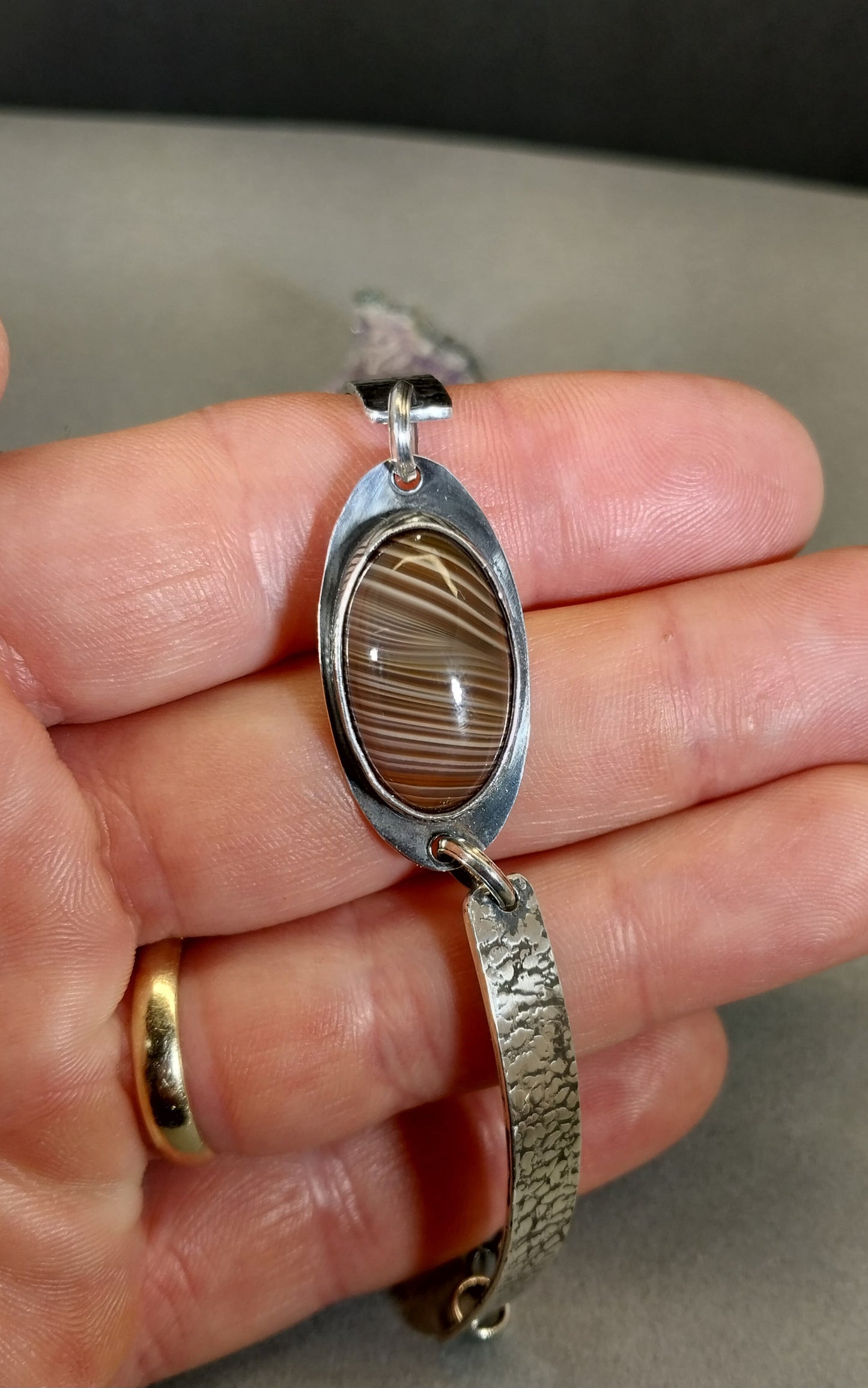 Lake Superior Agate Bracelet a Stunner in Sterling Silver with Copper Fire Bezel
