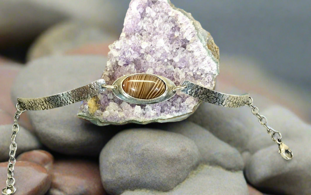Lake Superior Agate Bracelet a Stunner in Sterling Silver with Copper Fire Bezel
