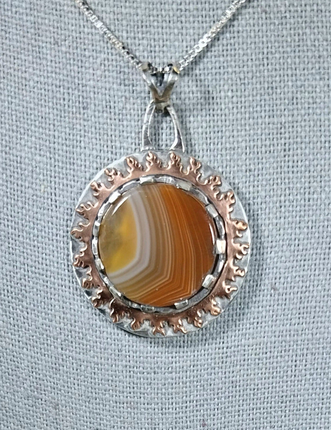 Lake Superior Agate Necklace, Sun Design, Artisan Silver Jewelry, Agate Hunter Gift,  Wisconsin Gift her, MN Gift for Her, Statement Pendant