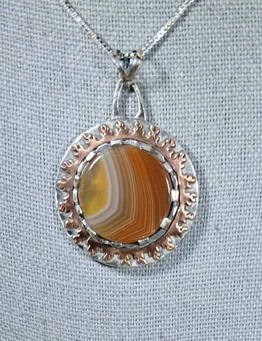 Lake Superior Agate Necklace, Sun Design, Artisan Silver Jewelry, Agate Hunter Gift,  Wisconsin Gift her, MN Gift for Her, Statement Pendant