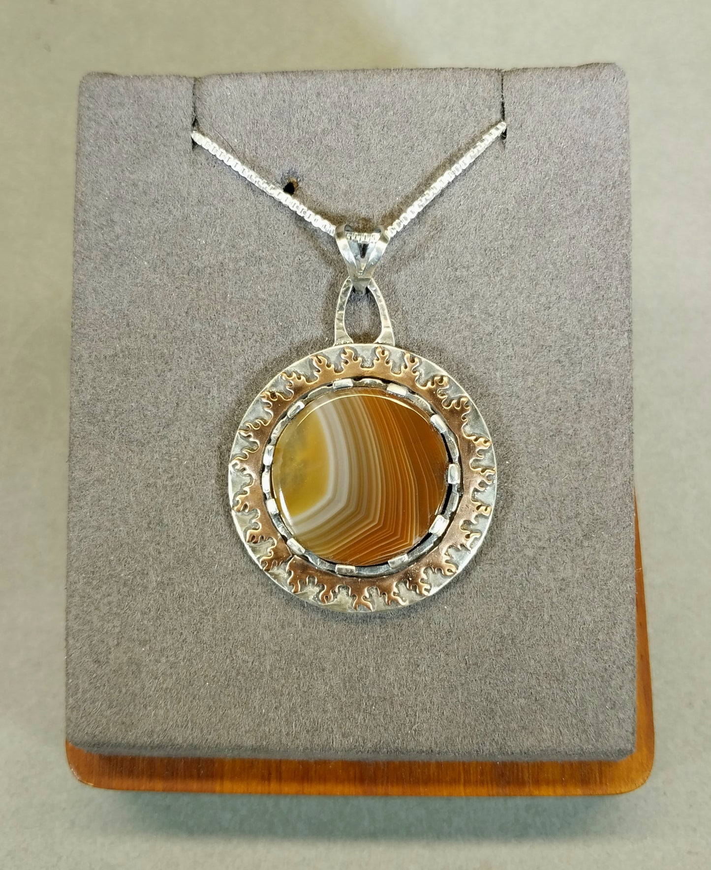 Lake Superior Agate Necklace, Sun Design, Artisan Silver Jewelry, Agate Hunter Gift,  Wisconsin Gift her, MN Gift for Her, Statement Pendant