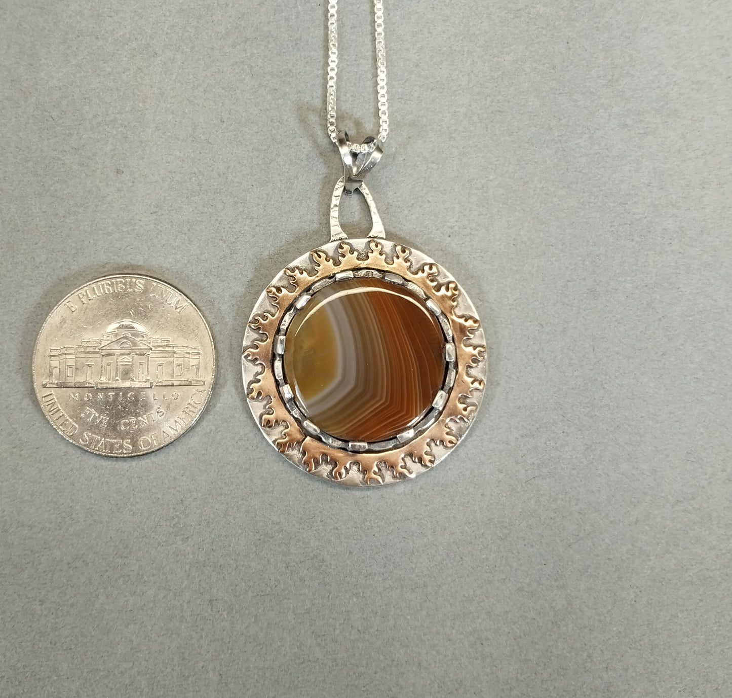 Lake Superior Agate Necklace, Sun Design, Artisan Silver Jewelry, Agate Hunter Gift,  Wisconsin Gift her, MN Gift for Her, Statement Pendant